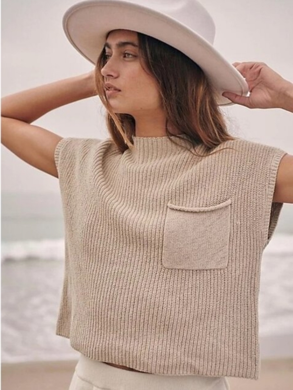 Free People Beige Ribbed Scoop-Neck Sleeveless Sweater Vest